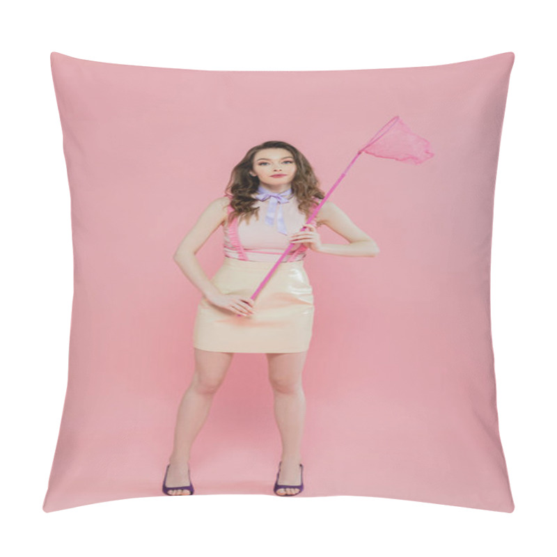 Personality  Fashion Photography, Beautiful And Young Woman Holding Butterfly Net On Pink Background, Posing Like A Doll, Standing And Looking At Camera, Studio Photography Conceptual, Smile  Pillow Covers