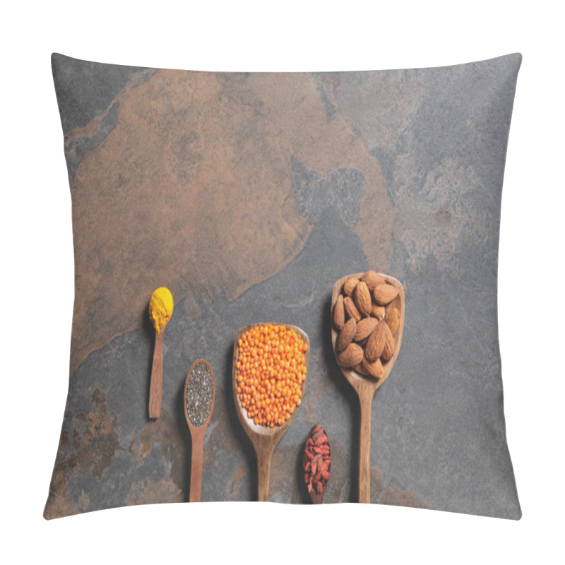 Personality  Flat Lay Of Arranged Wooden Spoons With Superfoods, Red Lentils And Turmeric On Table With Copy Space Pillow Covers