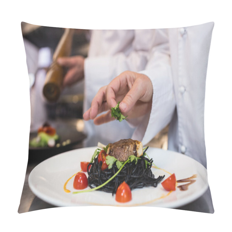 Personality  Chef Garnishing Meal On Counter Pillow Covers