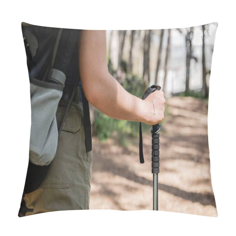 Personality  Cropped View Of Young Tattooed Female Tourist With Backpack Holding Trekking Pole While Walking On Blurred Summer Forest At Background, Hiking For Health And Wellness, Translation Of Tattoo: Love Pillow Covers