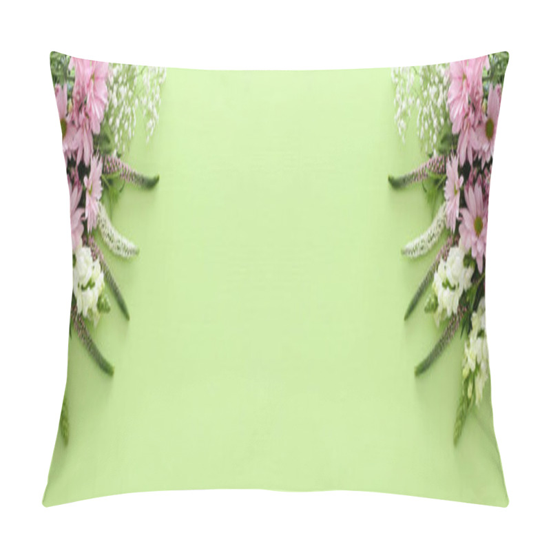 Personality  Spring Bouquet Of Pink And White Flowers Over Pastel Green Wooden Background. Top View, Flat Lay Pillow Covers