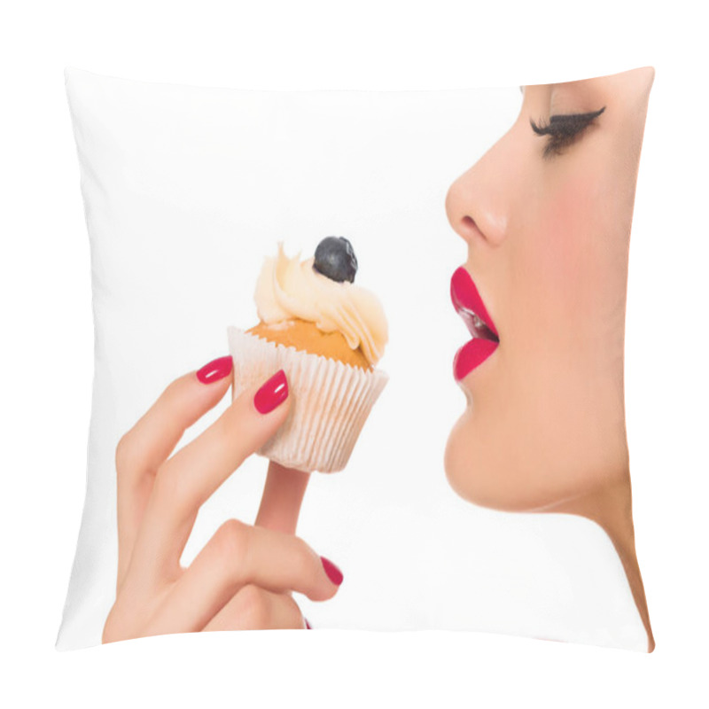 Personality  Side View Of Beautiful Woman With Cupcake In Hand Isolated On White Pillow Covers