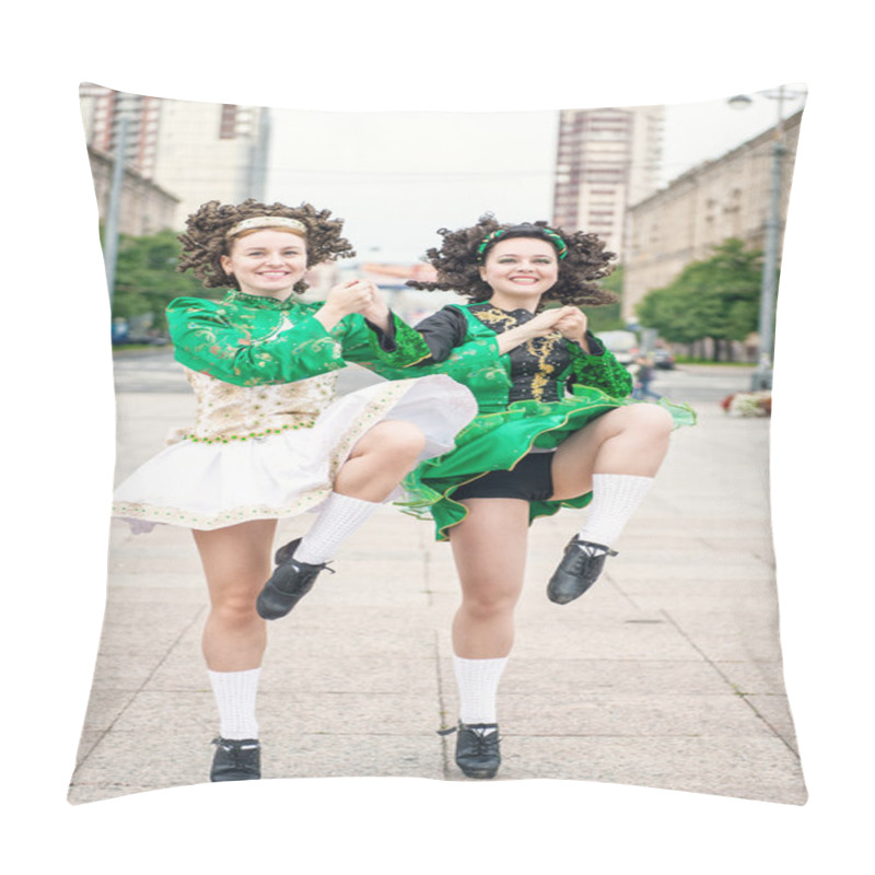 Personality  Two Women In Irish Dance Dresses And Wig Dancing  Pillow Covers