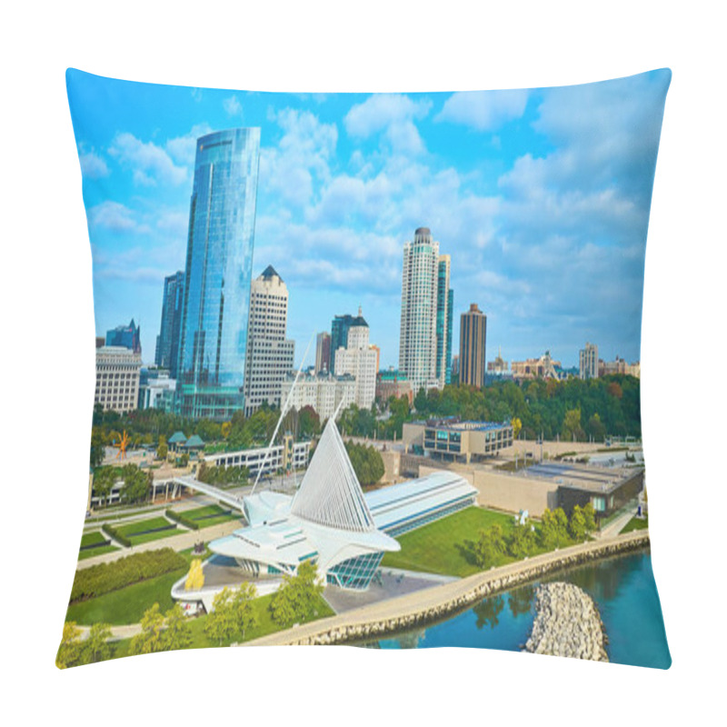 Personality  Aerial View Of Milwaukees Modern Cityscape With Iconic Quadracci Pavilion, Lake Michigan In Foreground Pillow Covers