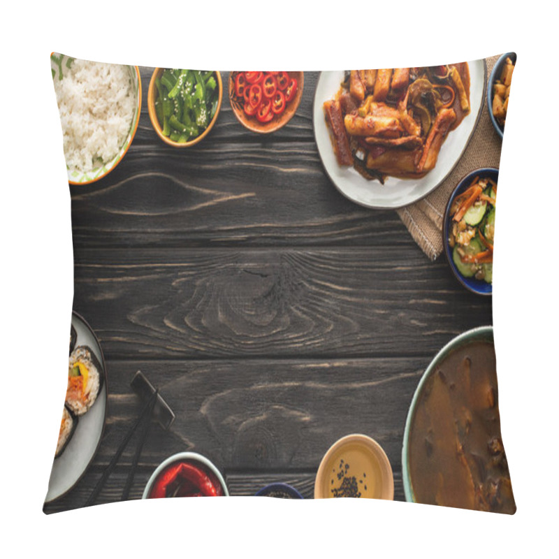 Personality  Top View Of Korean Traditional And Spicy Dishes Near Chopsticks And Cotton Napkin On Wooden Surface  Pillow Covers