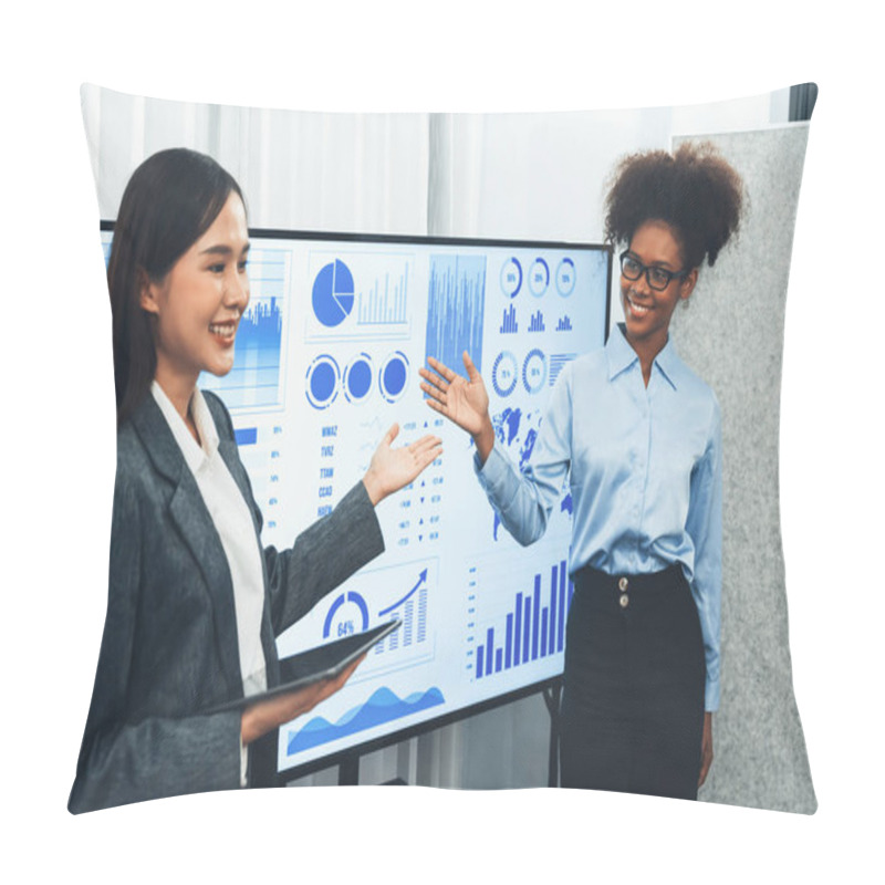 Personality  Young African And Asian Businesswomen Presenting Data Analysis Dashboard Together On TV Screen In Modern Meeting. Business Presentation With Group Of Business People In Conference Room. Concord Pillow Covers