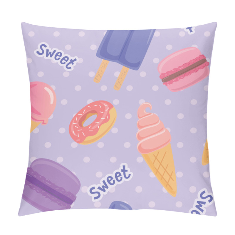 Personality  Seamless Pattern With Macaroon Cookies, Ice Cram And Popsicle On Polka-dots Background. Vector Illustration. Pillow Covers