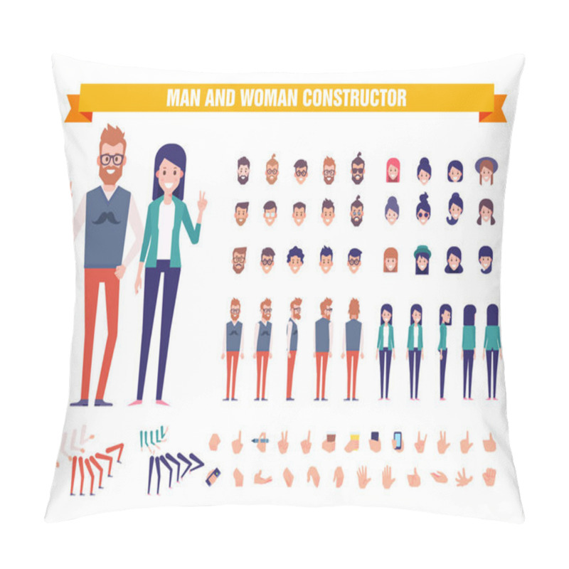 Personality  Young Guy And Girl Character Constructor With Various Views, Hairstyles, Poses And Gestures. Front, Side, Back View. Cartoon Style, Flat Vector Illustration.  Pillow Covers