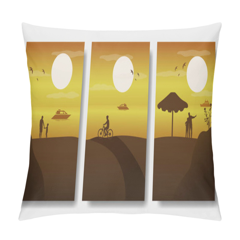 Personality  Beach Atmosphere In The Afternoon - Portrait Silhouette Design Set, Beautiful 2D Landscape Silhouette Wallpaper Set Pillow Covers