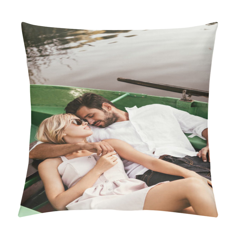 Personality  Happy Young Couple Embracing While Relaxing In Boat On Lake Pillow Covers