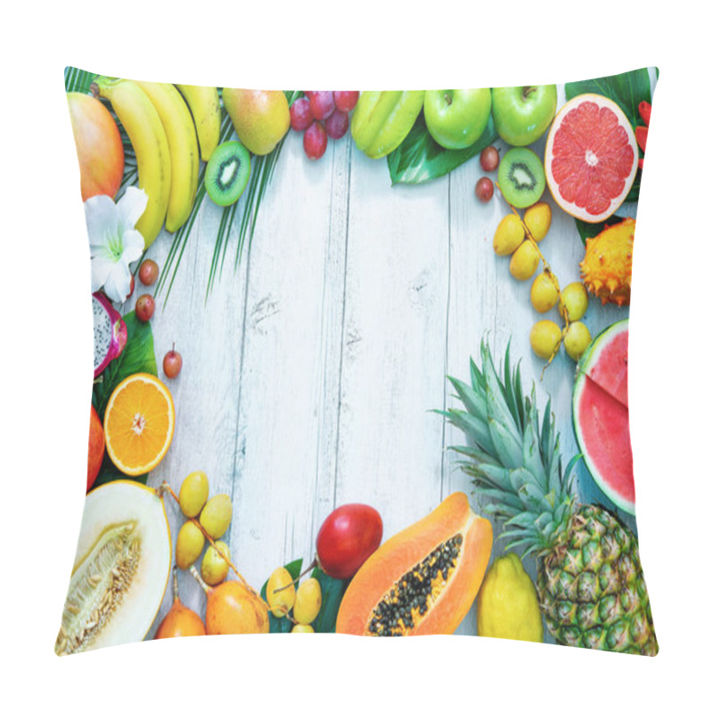 Personality  Assortment Of Tropical Fruits With Palm Leaves And Exotic Flower Pillow Covers