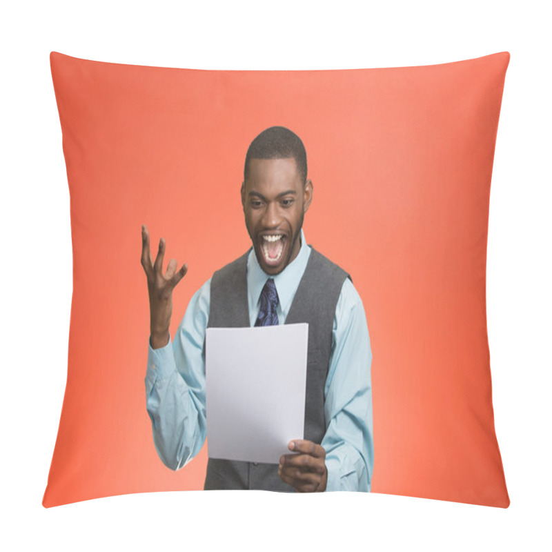 Personality  Excited Happy Man Holding Document, Receiving Goood News Pillow Covers