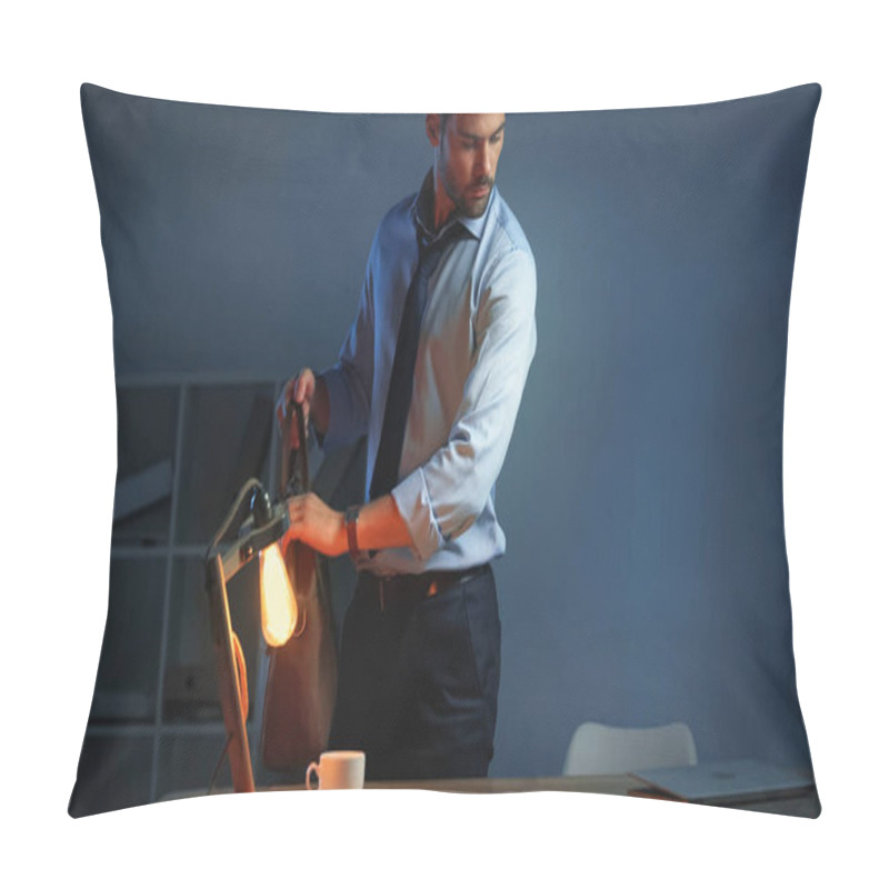 Personality  Businessman Packing Bag And Looking At Laptop In Evening  Pillow Covers