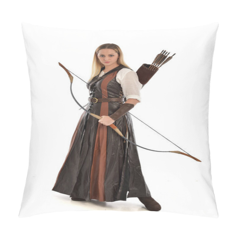 Personality  Full Length Portrait Of Woman Wearing Brown Medieval Fantasy Outfit, With A Bow And Arrow. Standing Pose On White Studio Background. Pillow Covers