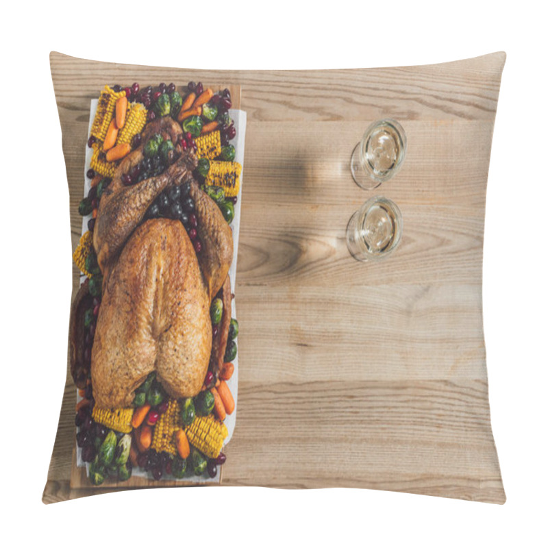 Personality  Top View Of Roasted Turkey, Vegetables And Glasses Of Wine For Thanksgiving Traditional Dinner On Wooden Tabletop Pillow Covers