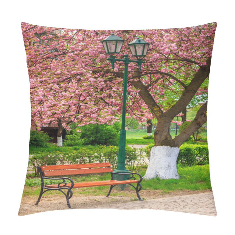 Personality  Pink Blossomed Sakura Tree Near The Bench And Lantern Pillow Covers