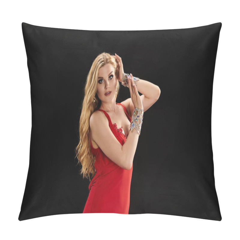 Personality  A Captivating Young Woman In A Red Dress Strikes A Pose, Showcasing Her Dance Skills. Pillow Covers