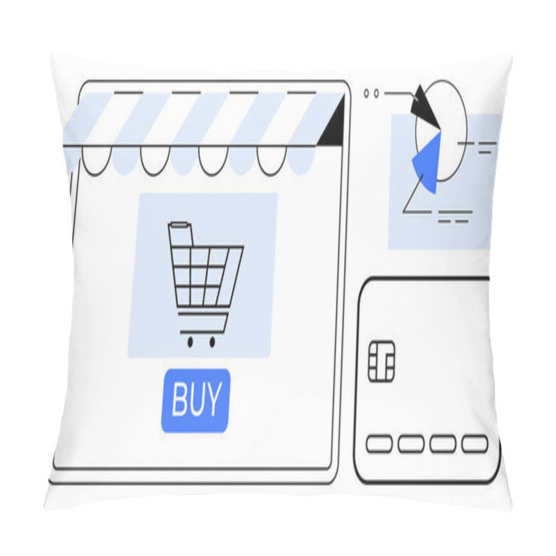 Personality  Shopping Cart Inside Digital Storefront, Buy Button, Credit Card, Data Chart With Pie And Bar Elements. Ideal For E-commerce, Web Design, Digital Marketing, Online Payments, Financial Tools Retail Pillow Covers