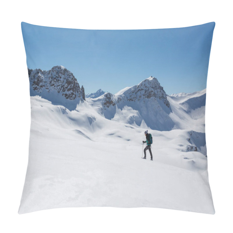 Personality  Women With Snowshoes Walking In  Snowy Winter Landscape In Schanfigg Near Arosa With Blue Sky Pillow Covers