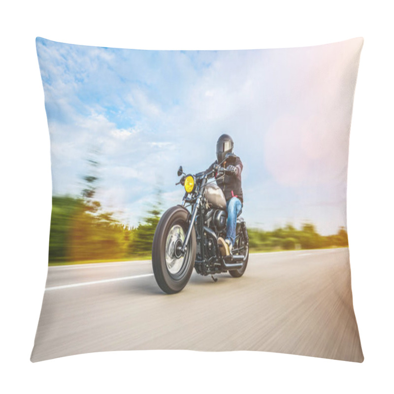 Personality  Custom Motorbike On The Road Riding. Having Fun Driving The Empty Road On A Motorcycle Tour Journey. Copyspace For Your Individual Text. Pillow Covers