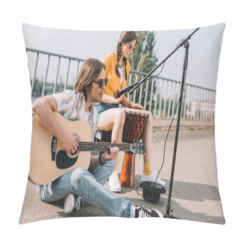 Personality  Young And Happy Couple Street Musicians Playing In City Pillow Covers