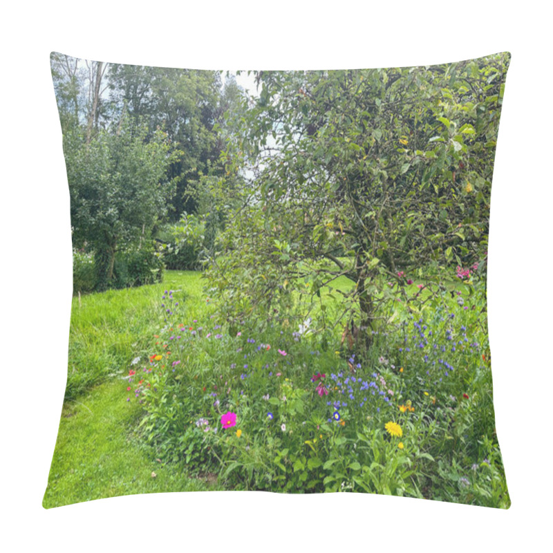 Personality  Poppies And Wildflowers Blooming Under An Apple Tree. A Vibrant, Low-maintenance Flower Bed With Various Colorful Wildflowers. Jardin Du Rossignol. France Pillow Covers