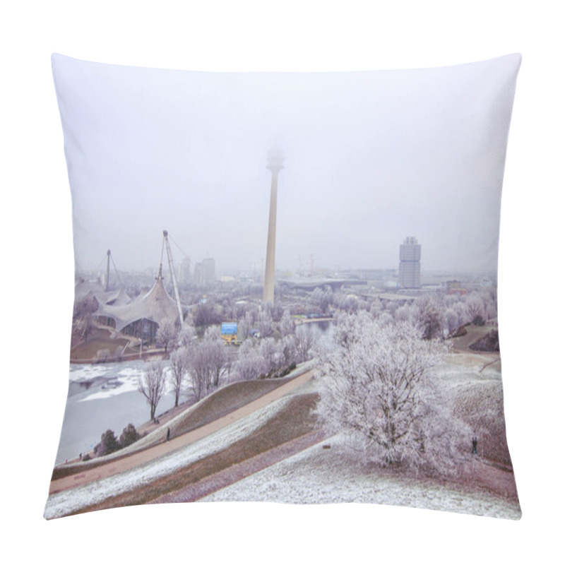 Personality  Tv  And BMW Tower At The Olympia Park With Fog And Snow In Munich, Germany Pillow Covers