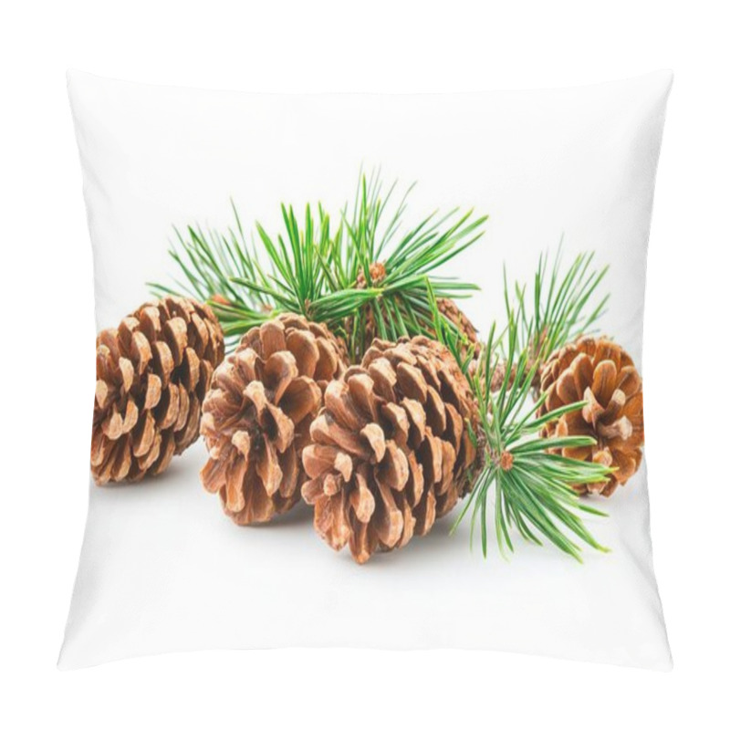 Personality  Pine Cones And Fresh Green Pine Sprigs On A White Background. Pillow Covers