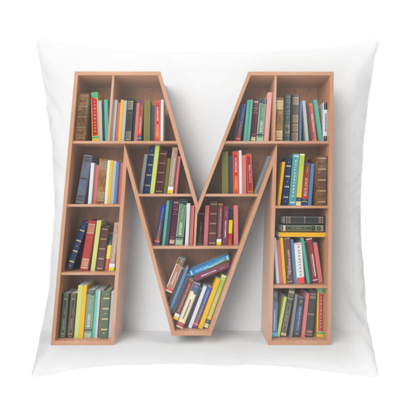 Personality  Letter M. Alphabet In The Form Of Shelves With Books Isolated On Pillow Covers