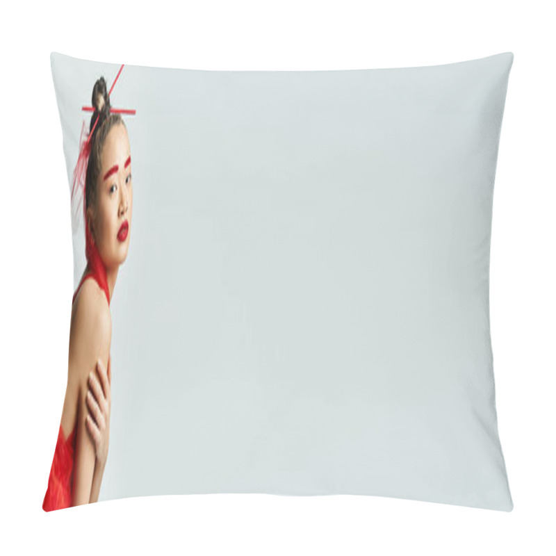 Personality  An Attractive Asian Woman In A Vibrant Red Dress Poses Elegantly With Veil. Pillow Covers