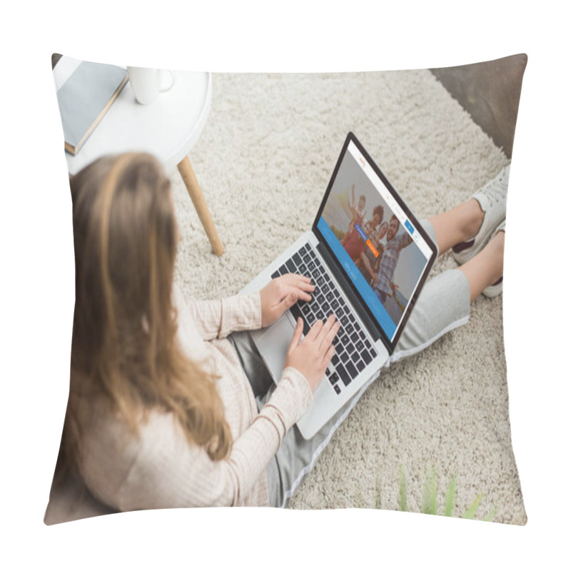 Personality  High Angle View Of Woman At Home Sitting On Floor And Using Laptop With Couchsurfing Website On Screen Pillow Covers