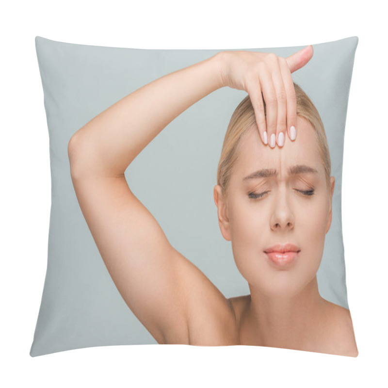 Personality  Young Upset Woman Touching Forehead Isolated On Grey  Pillow Covers