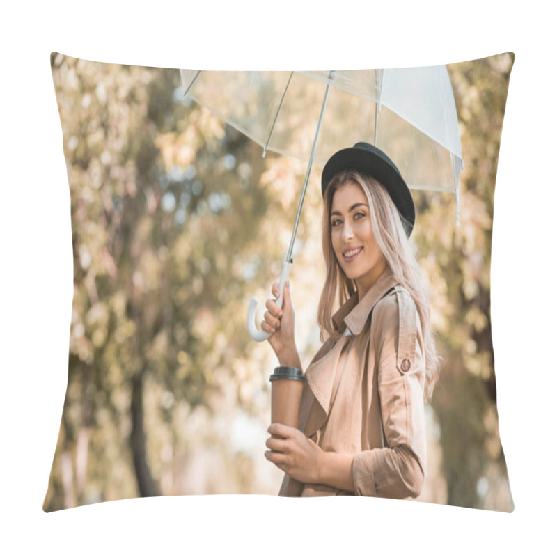 Personality  Blonde Woman In Hat Holding Umbrella And Disposable Cup With Coffee To Go In Autumnal Park  Pillow Covers