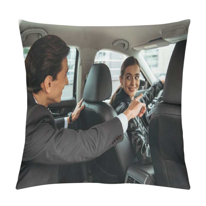 Personality  Businessman Pointing On Road To Smiling Taxi Driver Pillow Covers