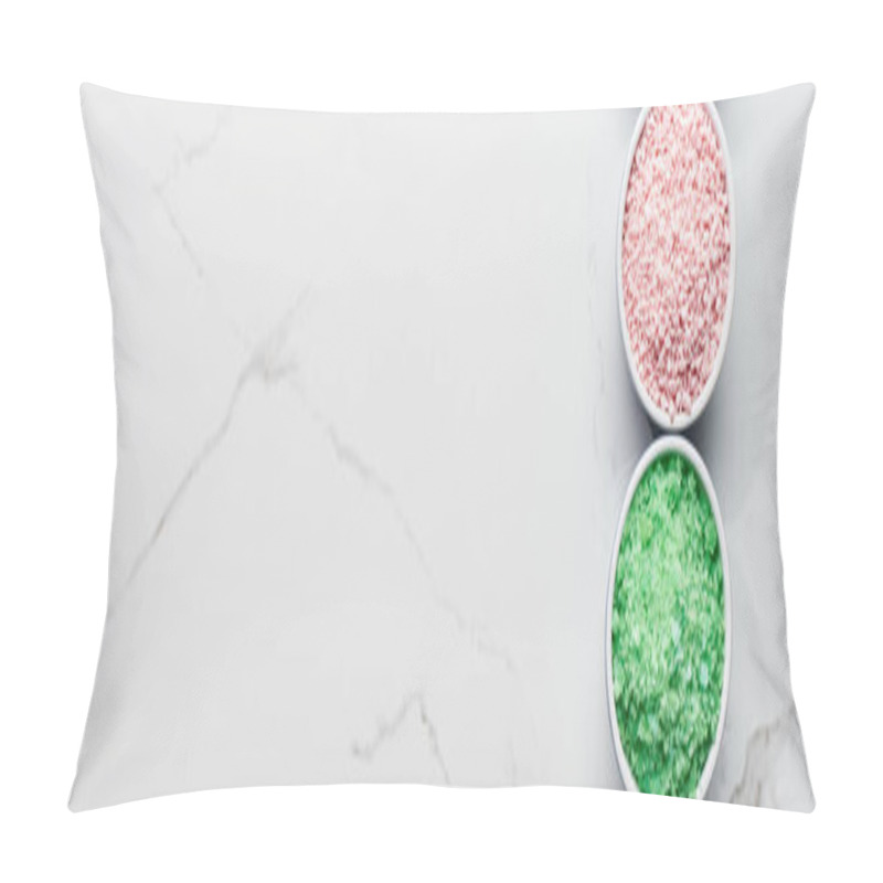 Personality  Panoramic Shot Of Pink And Green Powder Beauty Products On Marble Surface Pillow Covers