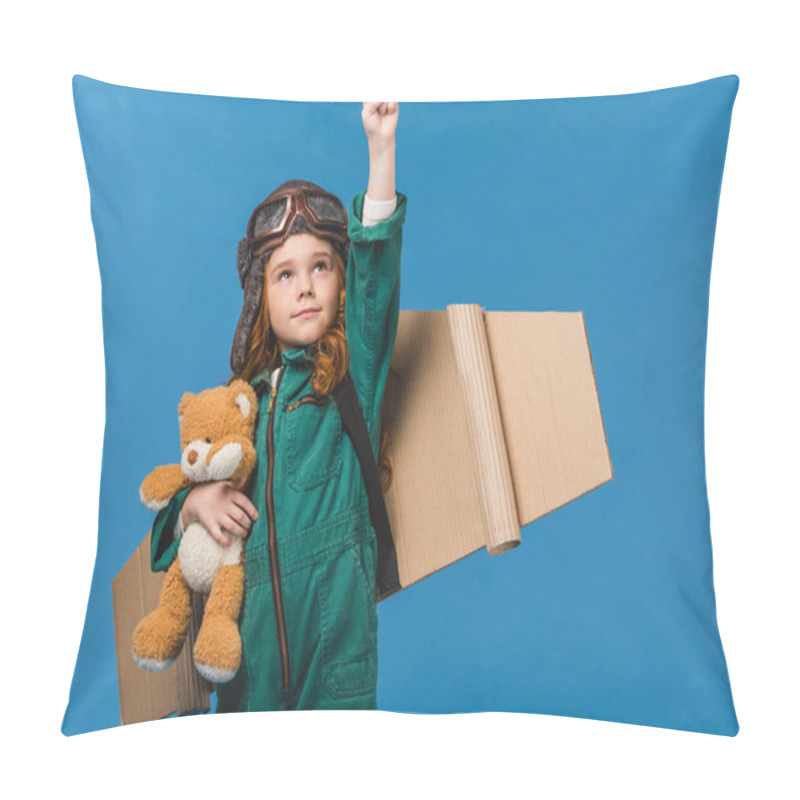 Personality  Portrait Of Cute Child In Pilot Costume With Teddy Bear And Handmade Paper Plane Wings Isolated On Blue Pillow Covers