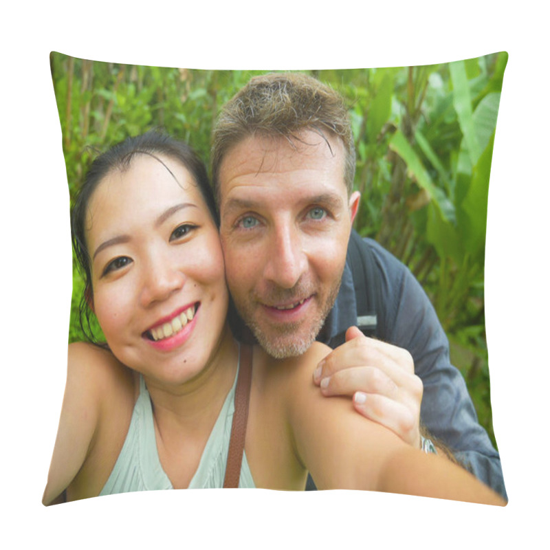 Personality  Young Beautiful And Happy Mixed Ethnicity Couple Beautiful Asian Chinese Woman And White Man In Love Taking Selfie Picture Outdoors Enjoying Romantic Holidays Trip In Tropical Honeymoon Vacation Pillow Covers