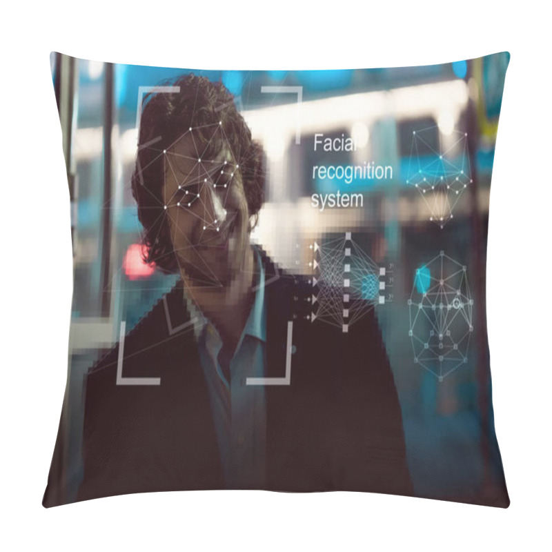 Personality  Facial Recognition System, Concept. Young Man On The Street, Face Recognition Pillow Covers