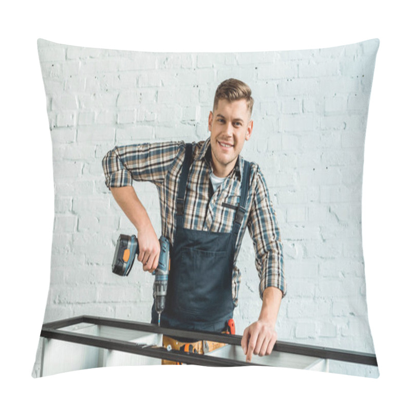 Personality  Happy Installer Holding Hammer Drill Near Rack  Pillow Covers