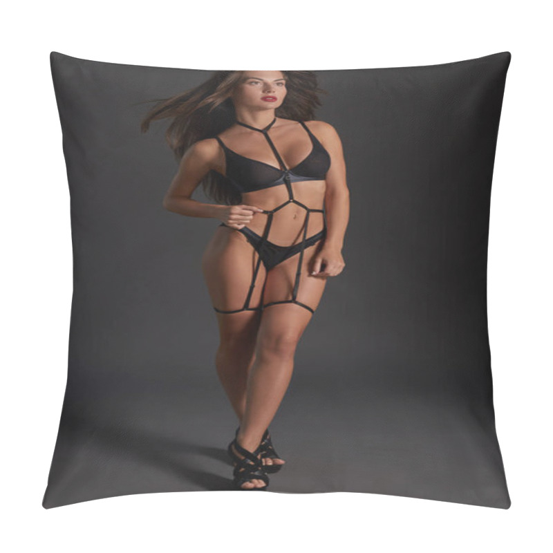 Personality  Beautiful Woman In Underwear And Leather Bandage. Sexy Body Girl Weared Swordbelt Posing Against Dark Grey Background. Pillow Covers