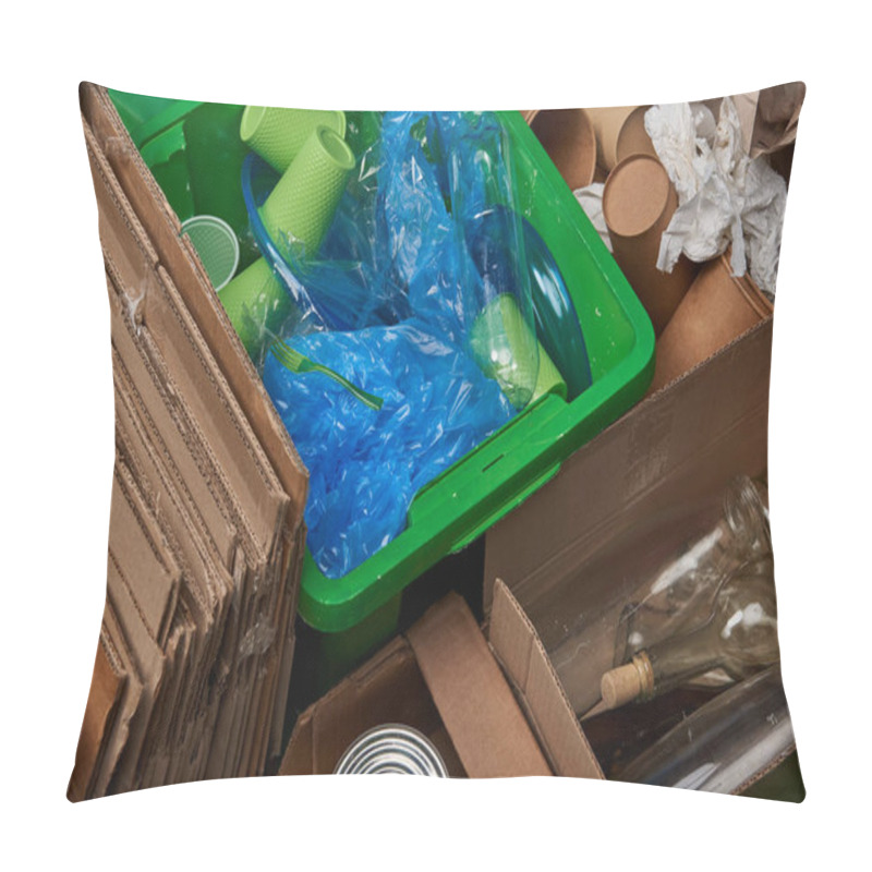 Personality  Sorted Trash Of Cardboard, Glass Bottles, Polyethylene, Plastic And Paper Cups Pillow Covers