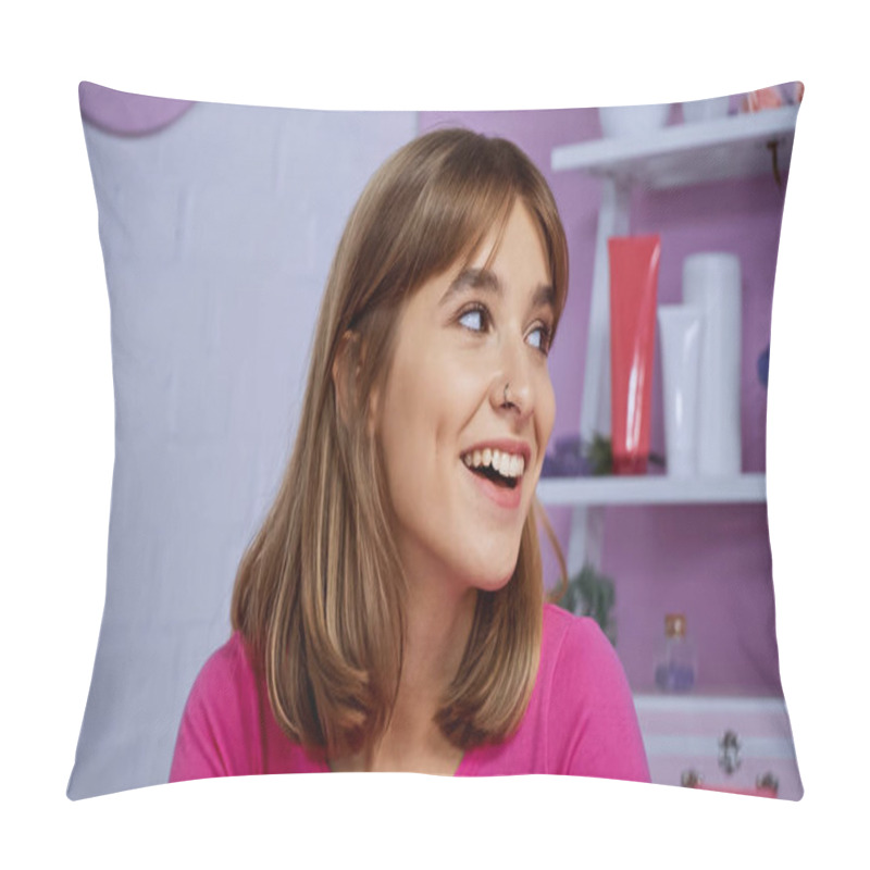 Personality  Happy Young Woman With Piercing Smiling While Looking Away At Home Pillow Covers