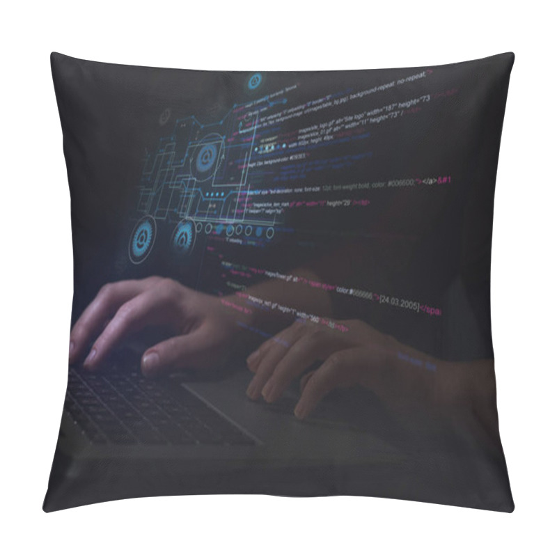 Personality  Hacker Working With Laptop At Table, Closeup. Cyber Attack Pillow Covers