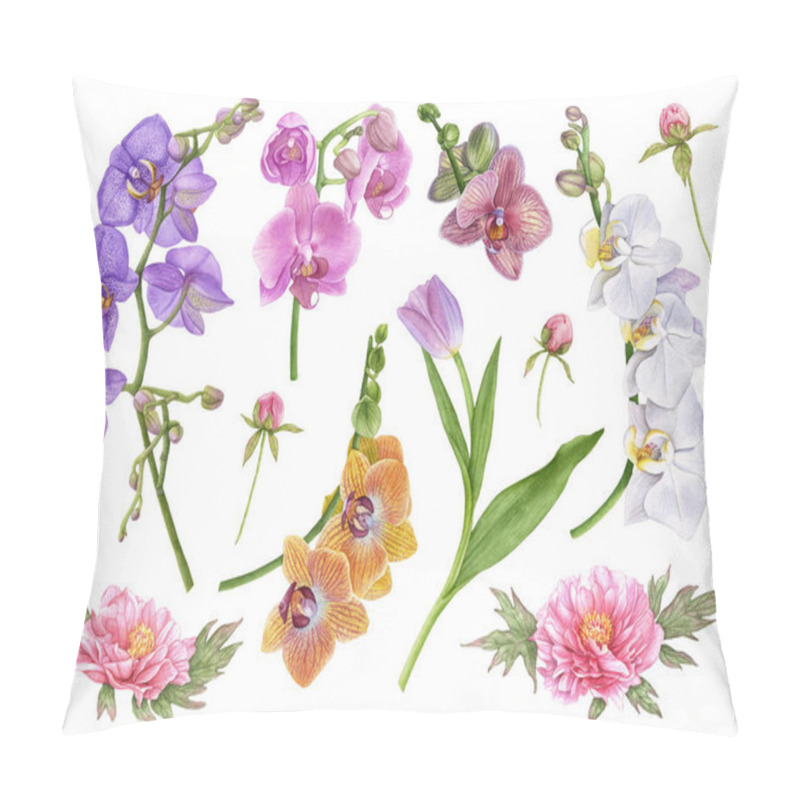 Personality  Watercolor Flowers, Pink Peonies, Purple Tulip With Leaves, Pink Orchids, White And Violet Orchids, Peony Buds Isolated On White Background. Beautiful Flowers. Pillow Covers