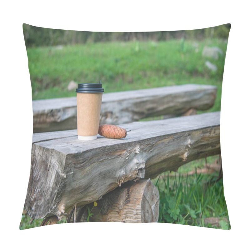 Personality  Close-up Paper Cup Of Coffee And Pine Cone On Natural Background On A Wooden Bench Made Of Logs. For A Coffee Shop Pillow Covers