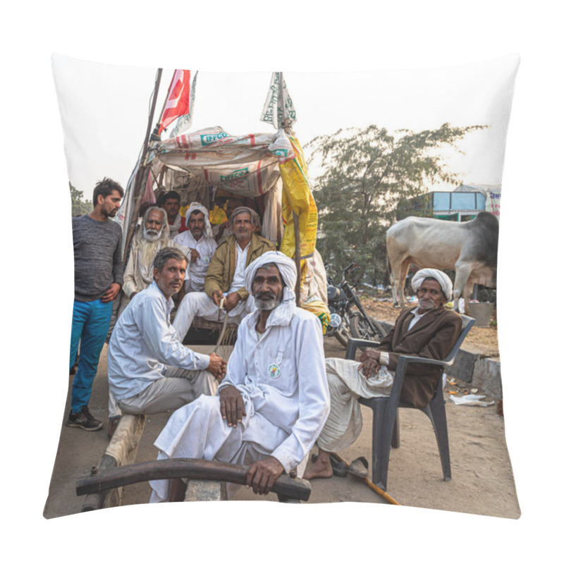 Personality  Farmers Are Sitting On Bull Cart At Protest Site,they Are Protesting Against Government Of India. Pillow Covers