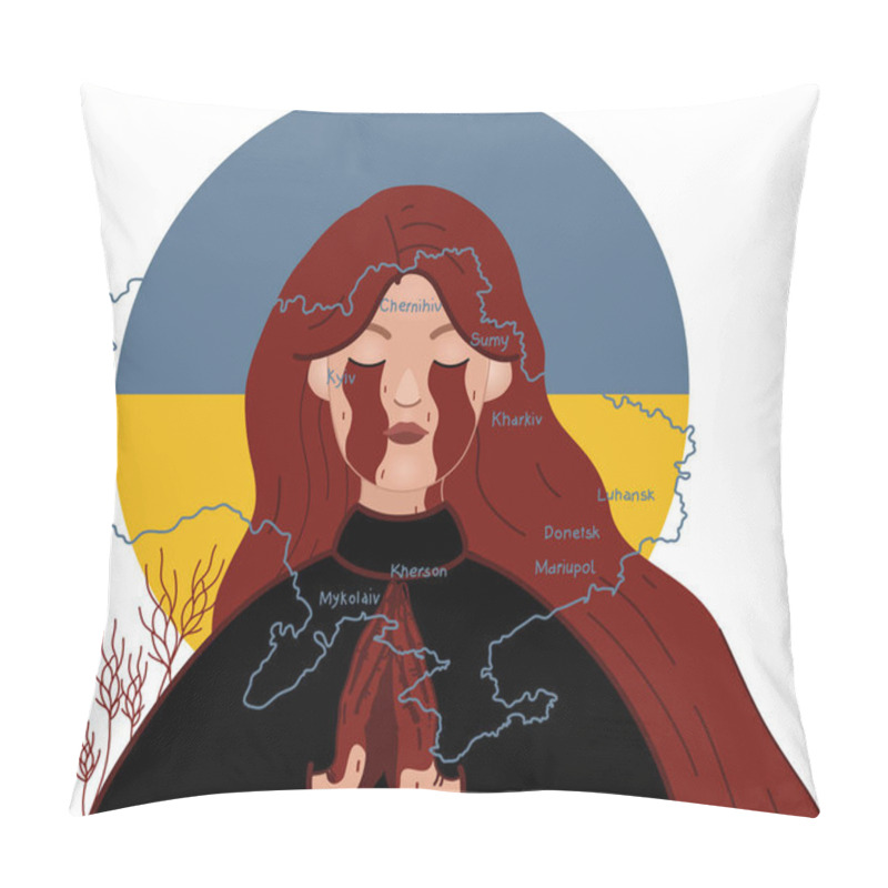 Personality  Illustration Of Crying Ukrainian Woman Praying With Closed Eyes Near Map Of Country Pillow Covers