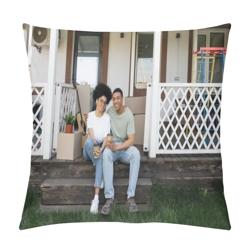 Personality  Cheerful African American Couple Hugging And Holding Coffee To Go On Porch Of New House Pillow Covers