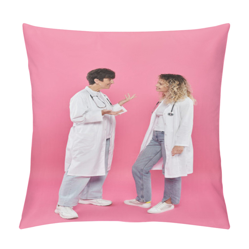 Personality  Happy Female Doctors In White Coats Chatting On Pink Backdrop, Breast Cancer Awareness, Women Pillow Covers