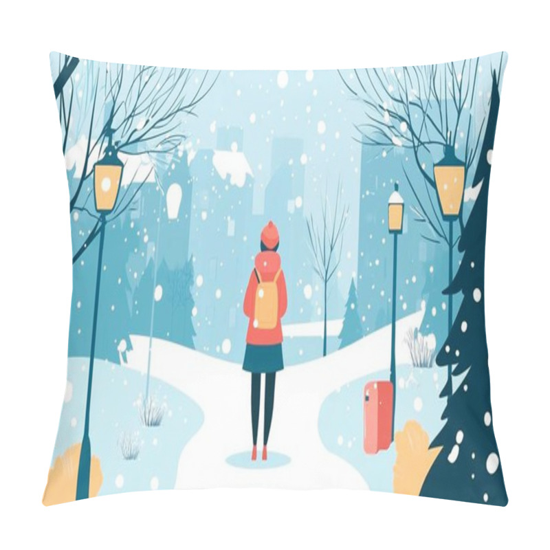 Personality  Girl In Winter Clothes Walking In The Park, Winter Holidays And Christmas Pillow Covers